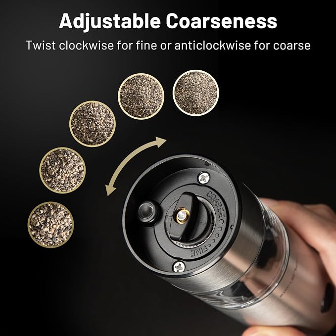 SIMPLETASTE Electric Salt and Pepper Grinder Set with LED Light, Automatic Pepper Mill Shakers with Adjustable Coarseness, One Hand Operation for Kitchen, Dining, Gifting, Silver, Battery Operated