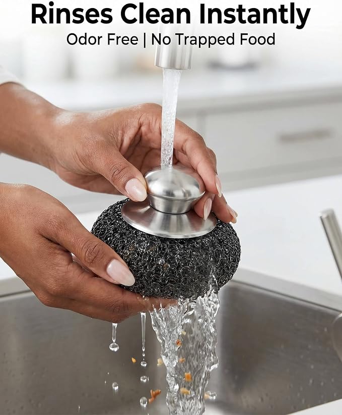 6 Pack Stainless Steel Wool Scrubber Set- Heavy Duty Metal Sponge Scouring Pad for Cast Iron Skillet, Grill & Pots -Include Short & Long Handle & Brush & 3 Pads,Kitchen Dish Scrubber