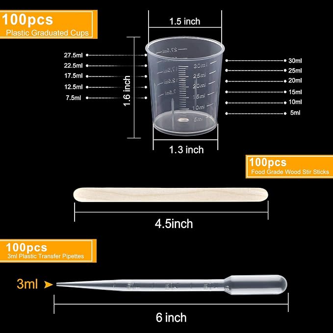 Coopay Plastic Graduated Cups Tools - 100 Pack 30ml/1oz Transparent Scale Measuring Cups,100 Pack Wooden Stirring Sticks and 3ml Transfer Pipettes for Resin, Epoxy, Stain, Mixing Paint