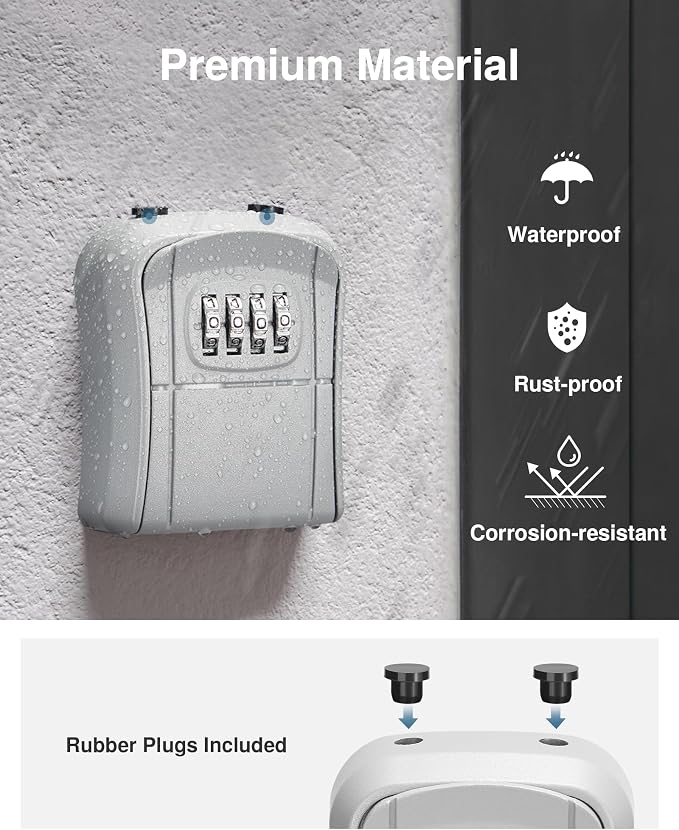 Puroma Key Lock Box Outdoor 4 Digit Code Combination Lockbox House 1 Silver | For Contractors Guest Realtor Storage Keys, Portable, Home Wall Mount, Resettable, Combination, Weatherproof, High-capacity