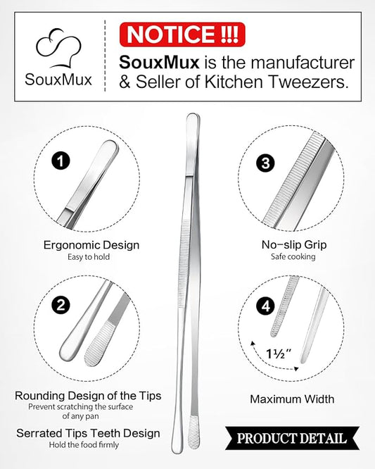 2 Pcs 10-inch Cooking Tweezers Tongs Precision Serrated Tips, Stainless Steel Professional Chef Tweezer Kitchen Tools for BBQ, Plating and Serving (Silver)