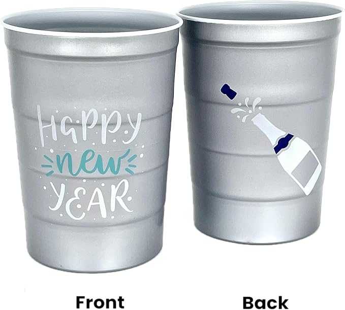 Steel Chill Cups 16 oz. Reusable Party Cups, Happy New Year, 12 Count | Made in USA from Steel these durable cups chill fast & keep your drink cold for longer, 100% recyclable for sustainablity