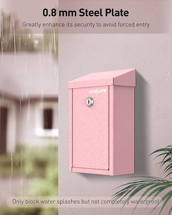Uniclife Pink Metal Donation Box, Wall Mounted Mailbox for Outside | Safe Suggestion Box with Key Lock, Steel Key Drop Box for Outside, Cash Box for Home Office and Business