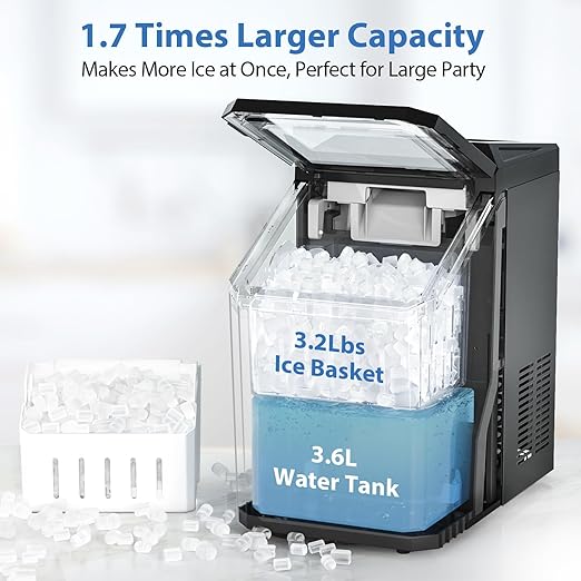 Aeitto Nugget Ice Maker Countertop, 55lbs/Day, Large Capacity Chewable Ice Maker, Rapid Ice Release in 5 Mins, Self-Cleaning with Stainless Steel Housing Ice Machine for Home Office and Party, Black