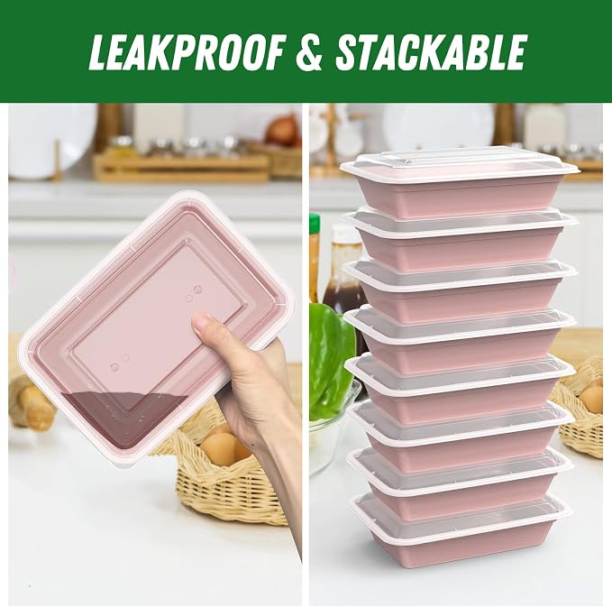 50 Pack (100-Piece) 32 oz Meal Prep Containers with Easy Open Lids, Pink | Sturdy Leakproof & Food Safe, Microwave, Freezer, Dishwasher Safe Prep Containers, To Go Take Out Plastic Food Storage