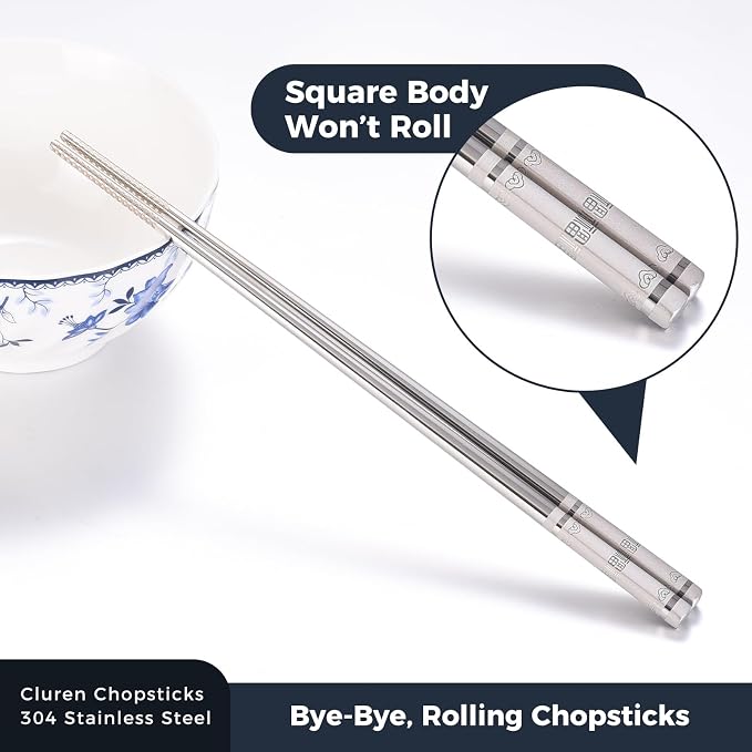 Premium 304 Stainless Steel Chopsticks Set (10 pair) - Reusable Metal Chopsticks with Laser Etching, Elegant Gift Box, Dishwasher Safe