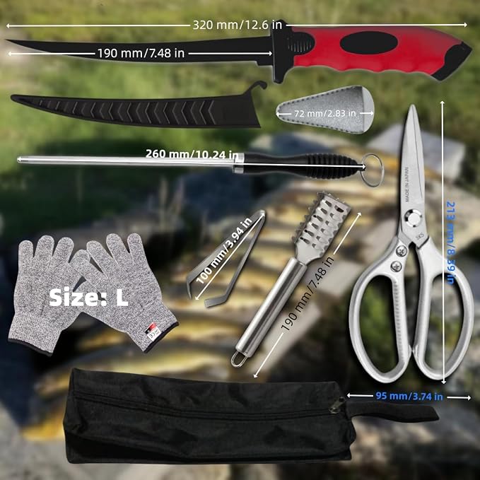 Fishing Knife Set, Fish Cleaning Kit, Filet Knife for Fish, Fish Scale Cleaning Brush, Multi-Functional Scissors, Gloves, Fishbone Tweezers, Storage Bag,Fishing Accessories,Fishing Tool Kit