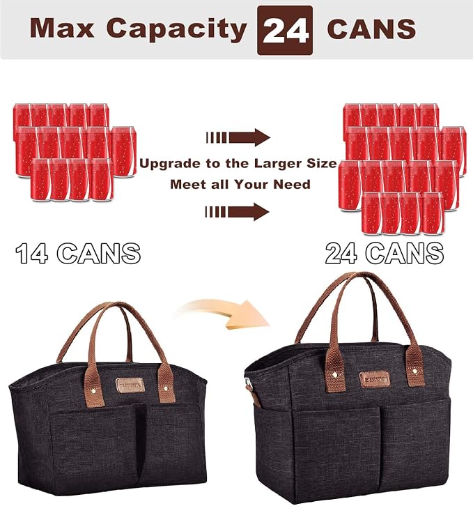 Lunch Bags for Women Insulated Thermal Lunch Tote Bag with Shoulder Strap Upgrade Large Lunch Box Container Drinks Holder for Adults Men Work Picnic Beach Park, Dark Black