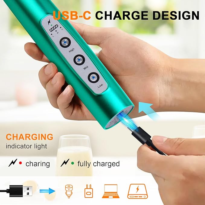 YUSWKO Handheld Milk Frother for Coffee, Rechargeable Drink Mixer with 3 Heads 3 Speeds Electric Coffee Frother For Latte, Cappuccino, Hot Chocolate, Egg