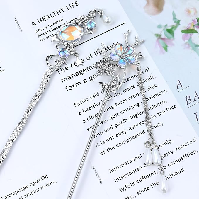 inSowni 8 Pcs Retro Vintage Asian Chinese Traditional Hanfu Silver Metal Flower Hair Sticks with Pearl Bead Pendants Bamboo Lotus Long Hair Chopsticks Forks Bun Updo Holders Hairpins for Women Girls