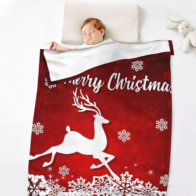 Merry Christmas Red Flannel Fleece Throw Blanket - White Snowflake Printed, Soft Plush for Bedroom, Couch, Sofa - 30"x40"