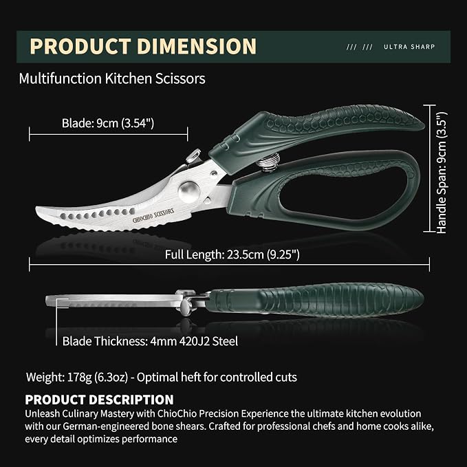 Poultry Shears，Heavy Duty Kitchen Shears with Anti-Slip Handle & Safety Lock，for Meat, Chicken, Bone, Turkey, Fish，Spring-Loaded, Dishwasher Safe