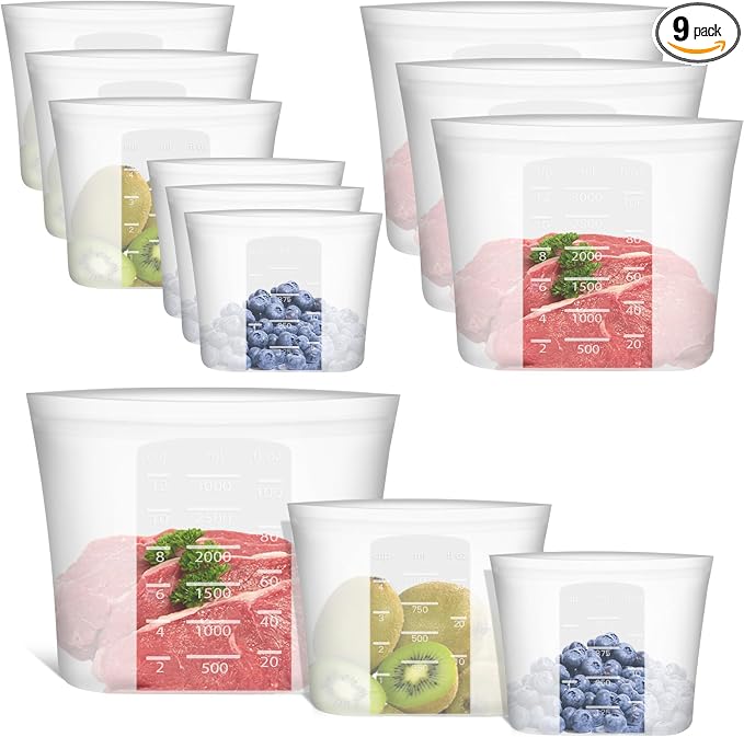 100% Silicone Reusable Storage Bag, 9 Pack Stand-Up Wide-Mouth Zip-Lock Food Storage Bags, Easy-Fill Easy-Open Easy-Clean Space-Saving, Microwave & Dishwasher Safe, Gallon/Sandwich/Snack, Translucent