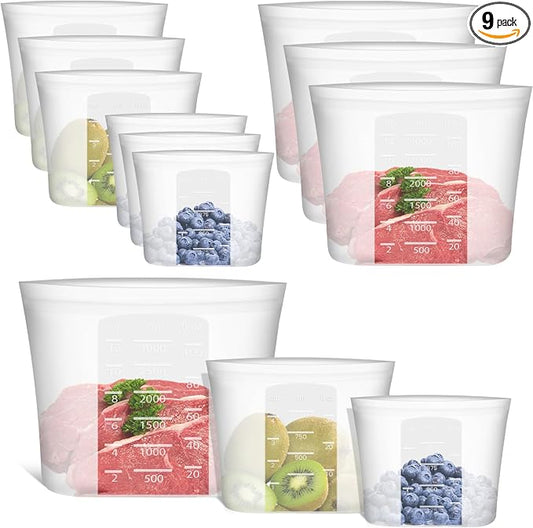 100% Silicone Reusable Storage Bag, 9 Pack Stand-Up Wide-Mouth Zip-Lock Food Storage Bags, Easy-Fill Easy-Open Easy-Clean Space-Saving, Microwave & Dishwasher Safe, Gallon/Sandwich/Snack, Translucent