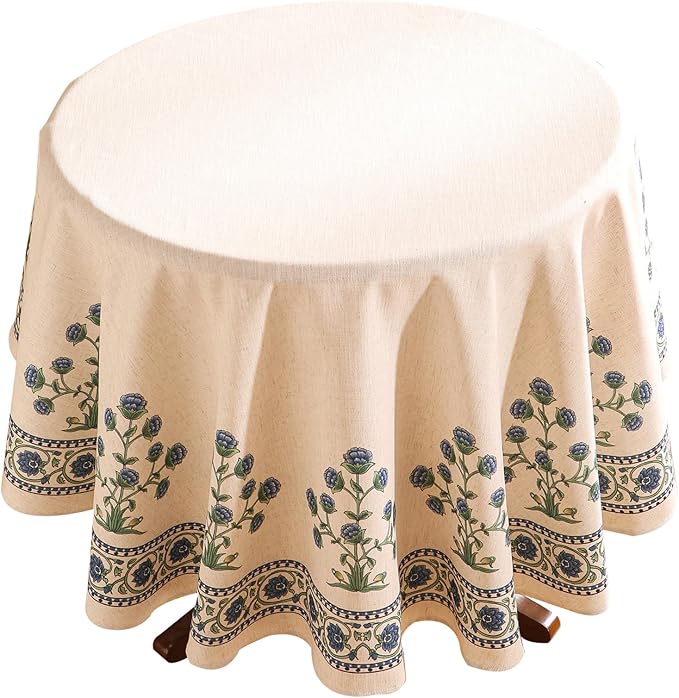 patdrea Designer Linen Blue Round Tablecloth,Vintage Leaves Pattern Floral Anti-Wrinkle Table Cloth,French Fall Dacorative Table Cover for Kitchen Dining,Thanksgiving,Party,Diameter 67"-Ivar B