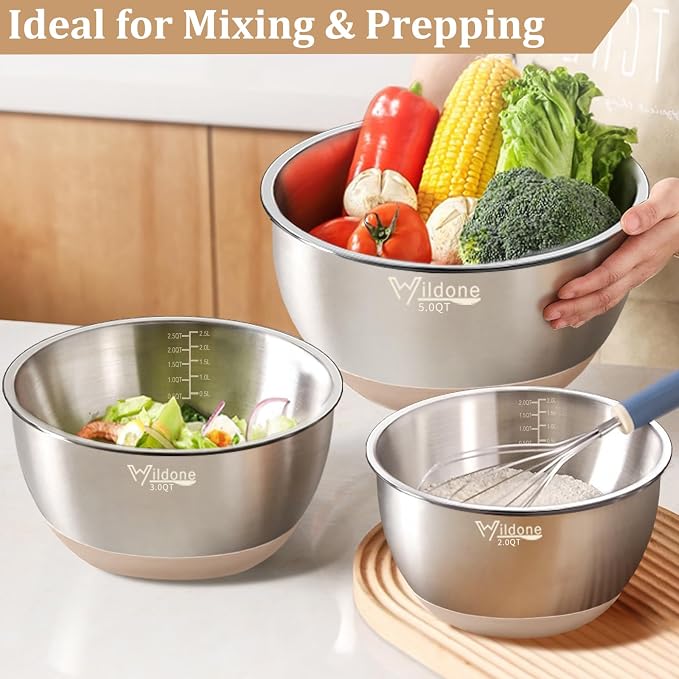 Wildone Mixing Bowls with Airtight Lids, 27 PCS Stainless Steel Nesting Bowls, with 3 Grater Attachments, Scale Mark & Non-Slip Bottom, Size 5, 4, 3, 2, 1.5, 1, 0.63QT, Ideal for Mixing & Prepping | Metal Bowls with 3 Grater Attachments, Non-Slip Botto...