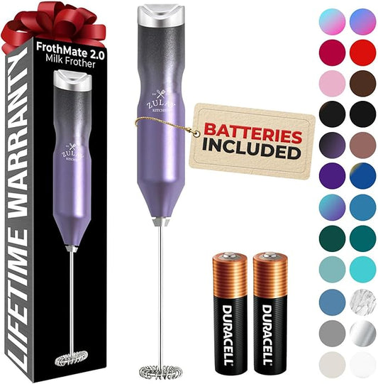 Zulay Kitchen Powerful Frother Wand AA Batteries Included, Ultra Fast Handheld Drink Mixer, Comfort Milk Frother, Stainless Steel Whisker, Frother Handheld for Coffee, Protein & Matcha - Frothmate 2.0