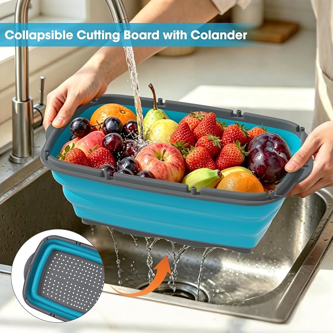 Gintan Collapsible Camping Cutting Board, 9-in-1 Chopping Board with Colander, Kitchen Vegetable Washing Basket for Camping, Camping Gifts Camping Accessories for RV Campers (Blue+Grey)