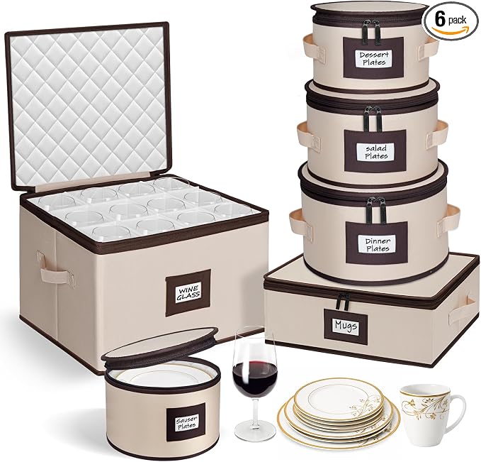 punemi 6-Piece Hard Shell China Storage Containers with Dividers, Stackable Dinnerware Storage Boxes for Plates, Mugs & Cup Organizer, Wine Glass Storage Boxes, Moving Boxes for Stemware, Beige