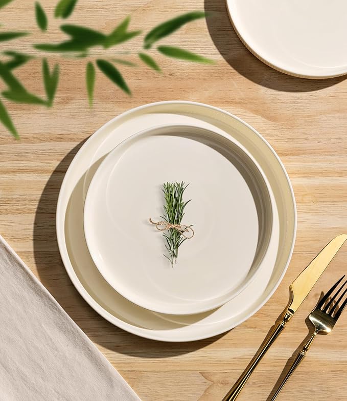 TheTerra Ceramic Dinnerware Sets for 8, 24 Pieces Porcelain Lightweight Plates and Bowls Sets, Scratch Resistant Dish Set, Oven & Microwave & Dishwasher Safe, Beige