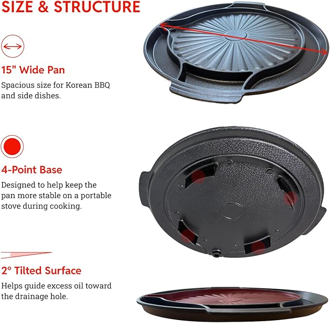 Master Grill Pan for Korean BBQ, 15", Stovetop Nonstick Smokeless Scratch-Resistant, Oil Draining Hole, Safety Hand Grip, For Grilling Vegetable Egg Meat Garlic Cheese Kimchi Made in Korea