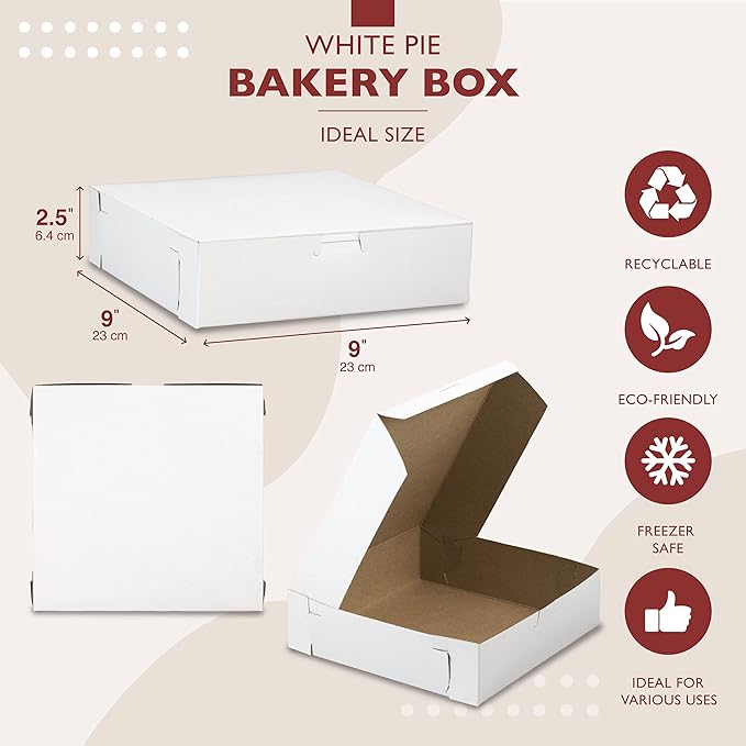 [250 Pack] Pastry Boxes - 9 x 9 x 3 Inch White Bakery Box for Cookies, Compostable Kraft Paper Cardboard for Baked Goods Packaging, Cake, Food, Donut, Cupcake, Candy, Bread, Bridesmaid Gift Box