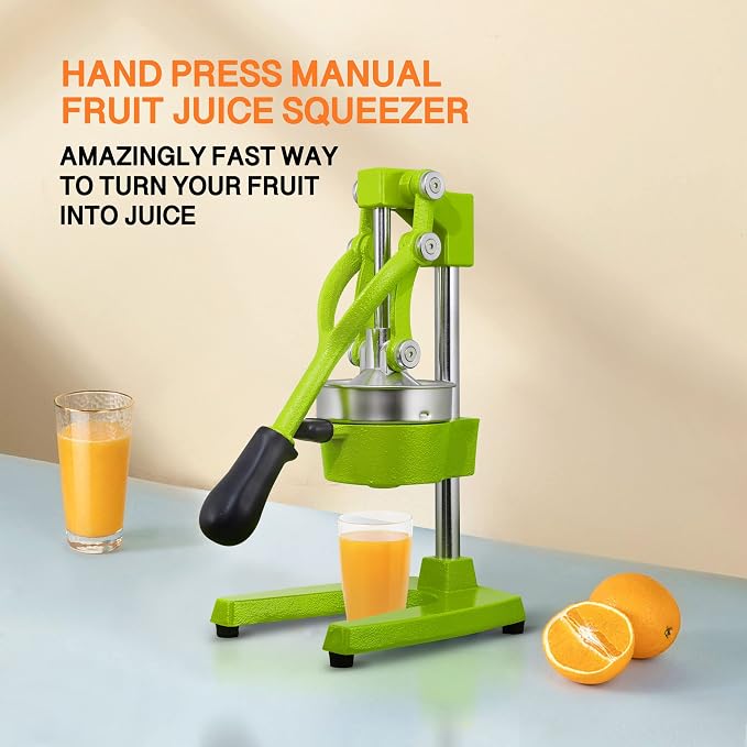 Commercial Heavy Duty Cast Iron Hand Press Manual Orange Citrus Lemon Lime Grapefruit Pomegranate Fruit Juice Squeezer Machine with Stainless Steel Cup Green