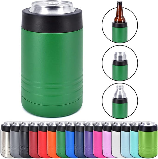 4-in-1 Stainless Steel 12 oz Double Wall Vacuum Insulated Can or Bottle Cooler Keeps Beverage Cold for Hours - Also Fits 16 oz Cans - Powder Coated Green - Clear Water Home Goods