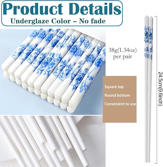 Ceramic Chopsticks Reusable 5PC,Porcelain Chop Sticks,Blue White,9.7'' | Easy to Clean,Dishwasher Safe,Heat Resistant,5 Pairs,with a Gift case,Cooking Chopsticks,High-grade Bone China Porcelain