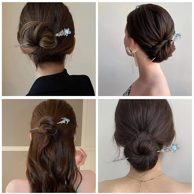 4Pcs Star Moon Hair Sticks, Silver Metal Chinese Hair Chopsticks Hairpins, Vintage Moonstone Hair Bun Updo Holders for Women Girls Hanfu Asian Decorative Accessories