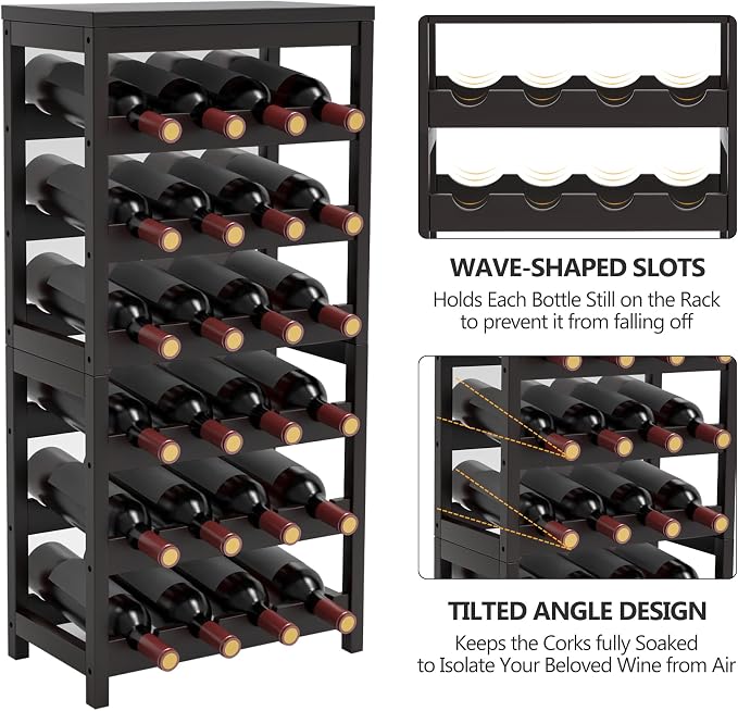24 Botttle Wine Rack Freestanding Floor 6 Tier Bamboo Wine Rack Storage | 6 Tier Wine Rack Wine Storage Shelves for Kitchen Bar Dining Room Living Room Dark Brown