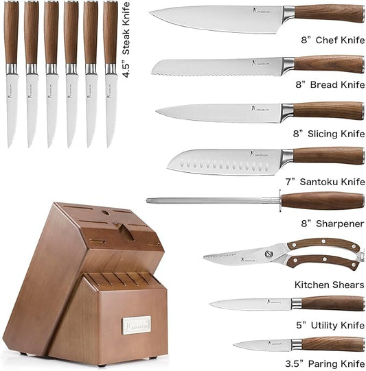 Natura Series 15 PCS Knife Block Set, Ultra Sharp High Carbon Stainless Steel with Wooden Handle