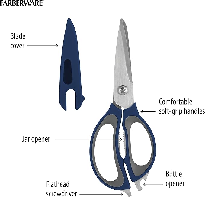 Farberware 4-in-1 Kitchen Scissors, Multi-Function Kitchen Shears with Jar Opener, Bottle Opener and Screwdriver, High-Carbon Stainless Steel Blades, Navy and Grey Ergonomic Handles with Sheath