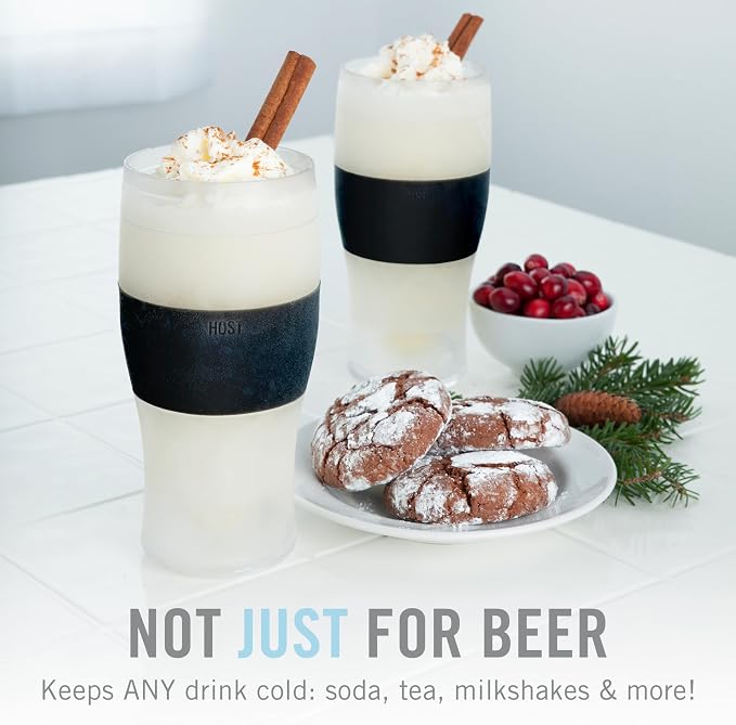 HOST Freeze Beer Glasses, 16 ounce Freezer Gel Chiller Double Wall Plastic Frozen Pint Glass, Set of 4, Black and Grey