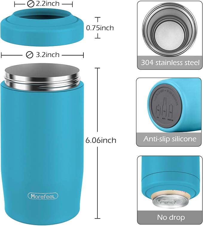 Morefeel 4-in-1 Insulated Can Cooler for 12 oz Cans & Bottles | 304 Stainless Steel Can Holder Fits 12 Oz Slim Cans, Standard Cans, Beer Bottles & Works as A Open Cup; Dishwasher Safe