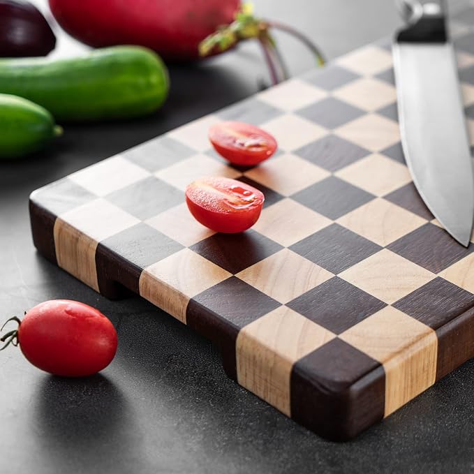 Wood Cutting Board Butcher Block, Wooden Chopping Board with Checkerboard Pattern and Inner Side Handles Meat Cheese Charcuterie Board, Ideal for Chopping, Slicing, and Dicing 15 * 8 inch