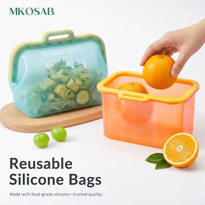 68oz Reusable Silicone Food Storage Bags with Magnetic Seal, Stand Up Freezer Bags for Meal Prep, Snacks, Sandwiches & Leftovers, Dishwasher Safe Reusable Food Storage Bag (Orange)