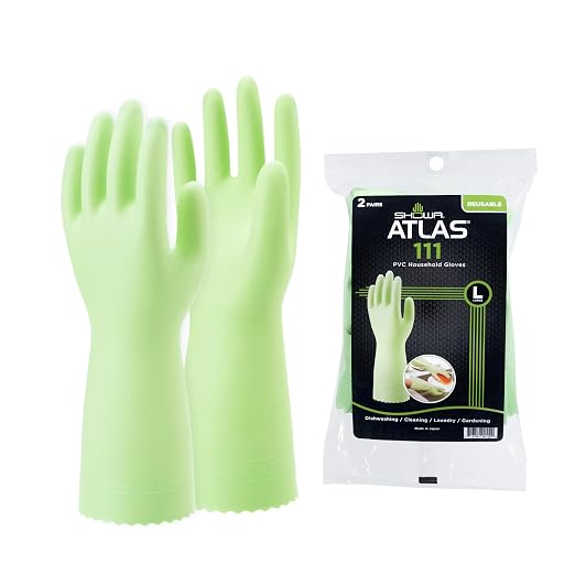 SHOWA 111 Skin-Friendly Dishwashing Gloves, Latex-Free PVC, Reusable Housekeeping Gloves with Cotton Liner, Non-Slip Grip for Kitchen & Gardening, Made in Japan, Large, 2-Pairs