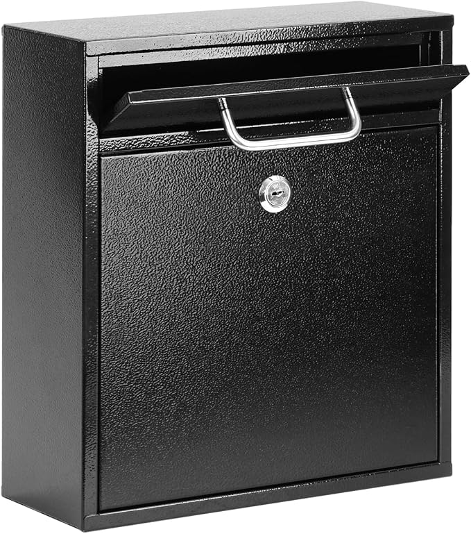 KYODOLED Steel Key Lock Mail Boxes for Outside, Locking Wall Mount Mailbox, Security Key Drop Box for Home, Office or Commercial, 12H x 10.5L x 4.6W Inches, Black Large