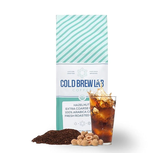 Cold Brew Organic Coarse Ground Flavored Coffee, Hazelnut Flavor, Dark Roast, Colombian Supremo, Coarse Grind for Cold Brew & French Press,1 LB