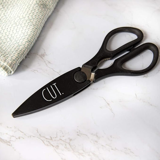 Rae Dunn Kitchen Scissors- Stainless Steel Kitchen Shears, Cooking Scissors for Cutting Meat, Chicken, Herbs and Produce with Blade Cover and Soft Grip Handles (Black)
