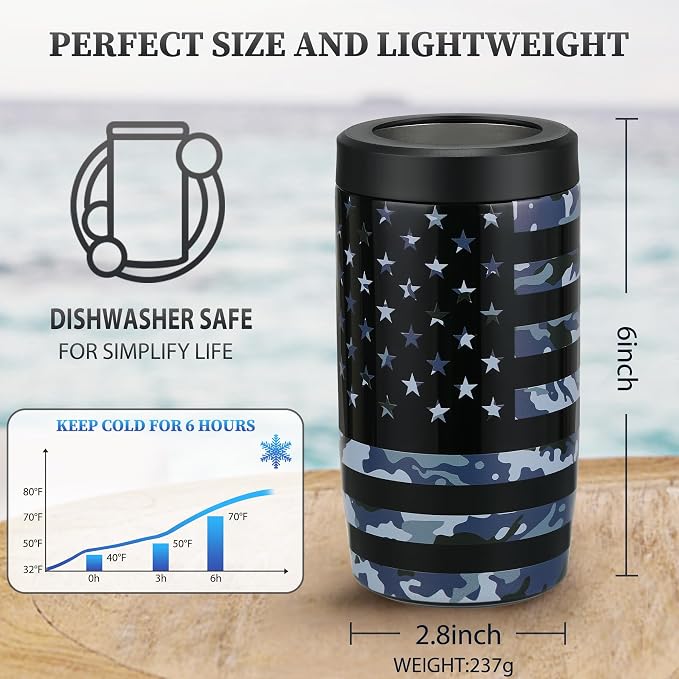 MAXSO Slim Can Cooler, 4-in-1 Double Walled Stainless Steel Insulated Beer Can Holder, Works With All 12 Oz Cans,Bottles & As A Pint Cups - Camo Flag
