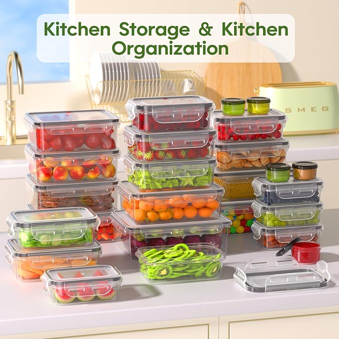 KEMETHY 50-Piece Food Storage Containers with Lids(25 Containers & 25 Lids), Plastic Food Containers for Pantry & Kitchen Storage and Organization, BPA-Free, Leak Proof, Reusable with Labels & Pen