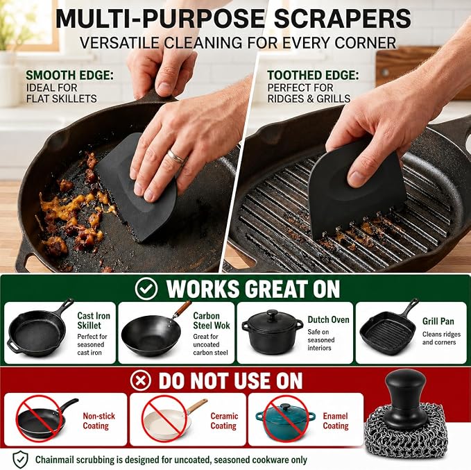 Cast Iron Scrubber and Scraper | 316 Chainmail Scrubber for Cast Iron Pan | Chain Mail Scrubber for Cast Iron Skillet Cleaner | Dishes Pots Wok Griddle Grill | Dish Scouring Pad Dishwasher Safe, Black1