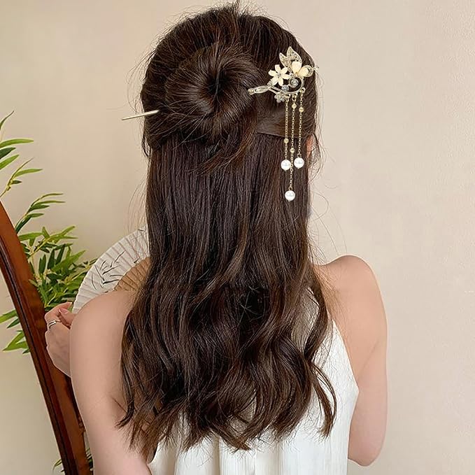2Packs Lily of the Valley Chinese Hair Sticks for Buns, Pearl Flower Vintage Metal Hair Chopsticks for Women and Girls Dangle Tassel Pendant Hair Accessories Hanfu Handmade Decor Hairpin (beige)