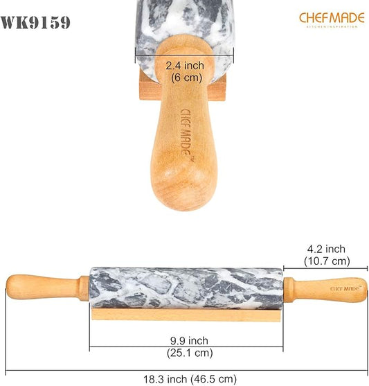 CHEFMADE 18-Inch Marble Rolling Pin with Wooden Handles and Cradle, Non-Stick (Gray and White)