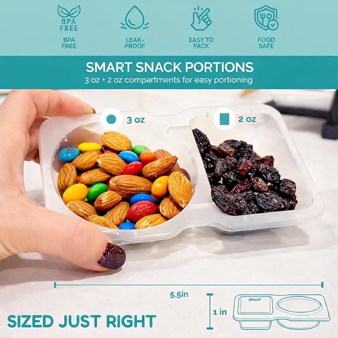 Reusable Snack Containers with Lids 20 Pack (40 Pieces) Portion control, Snack Pack Containers 2 Double Compartment Snack Containers for Kids On the Go Meals, Camping Snack Tray Prep