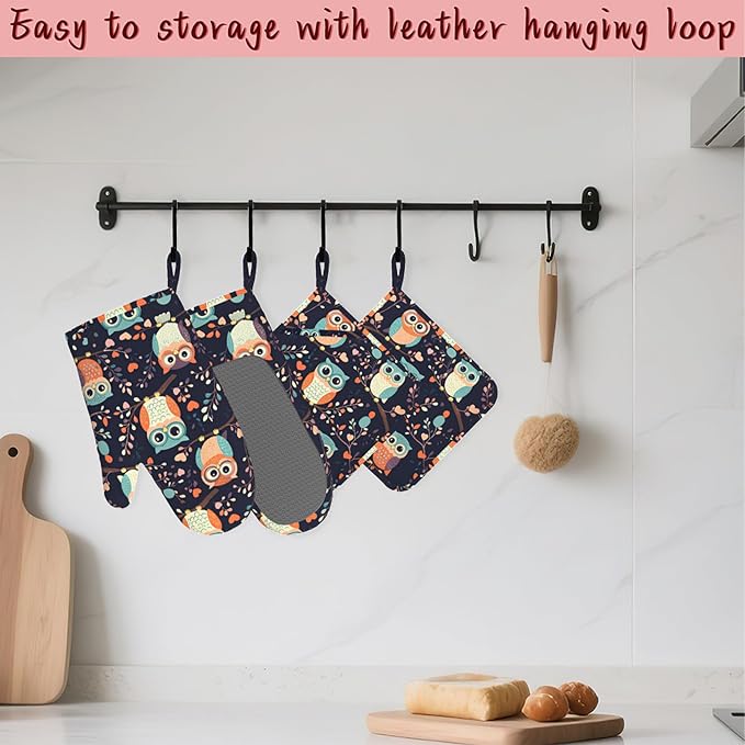 Cute Owl Heat-Resistant Silicone Oven Mitts and Pot Holders 4 Piece Set,Extra Long Non-Slip Kitchen Oven Gloves for Cooking, Baking, BBQ,Grilling