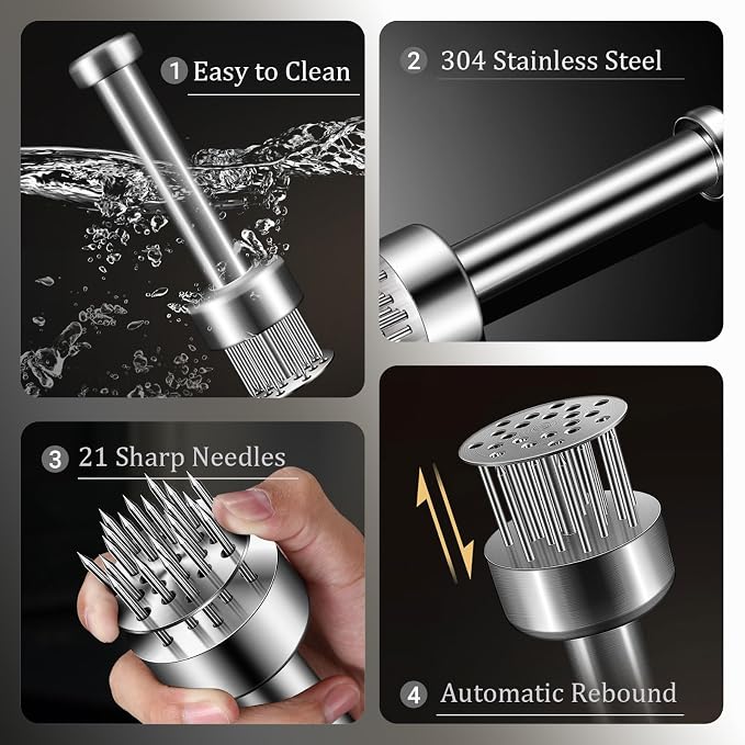 Meat Tenderizer Tool, with 21 Needles Retractable Safety Guard, 304 Stainless Steel,for Tenderizing Beef,Steak, Chicken, Turkey, Dishwasher Safe