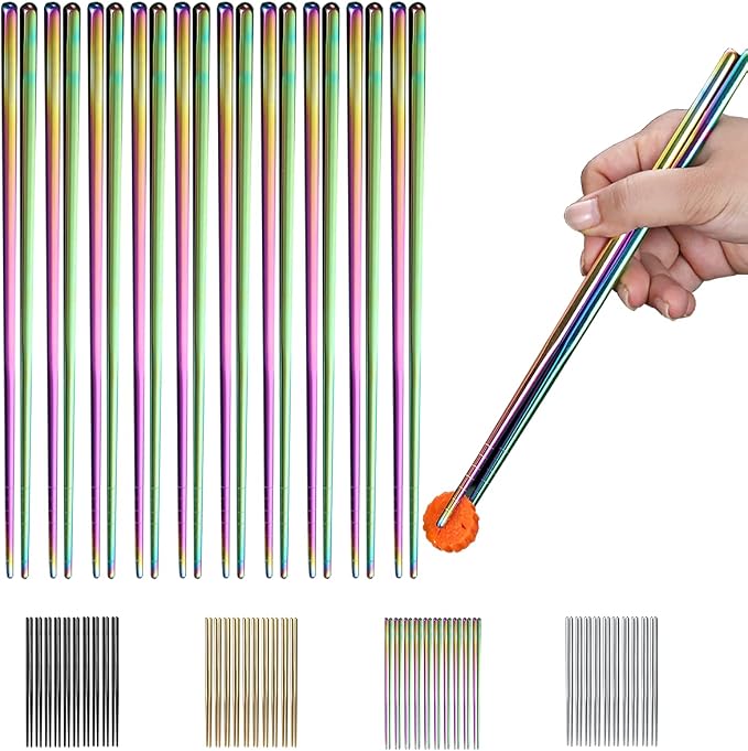 10 Pairs Reusable Chopsticks, Titanium Rainbow Plating Stainless Steel Metal Chop Sticks, Japanese Chinese Korean Chopstick Dishwasher Safe, 8.9 Inch (Coloful / Chop sticks)